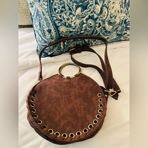 Anthropology Brown Leather Circle Bag with Gold Accents